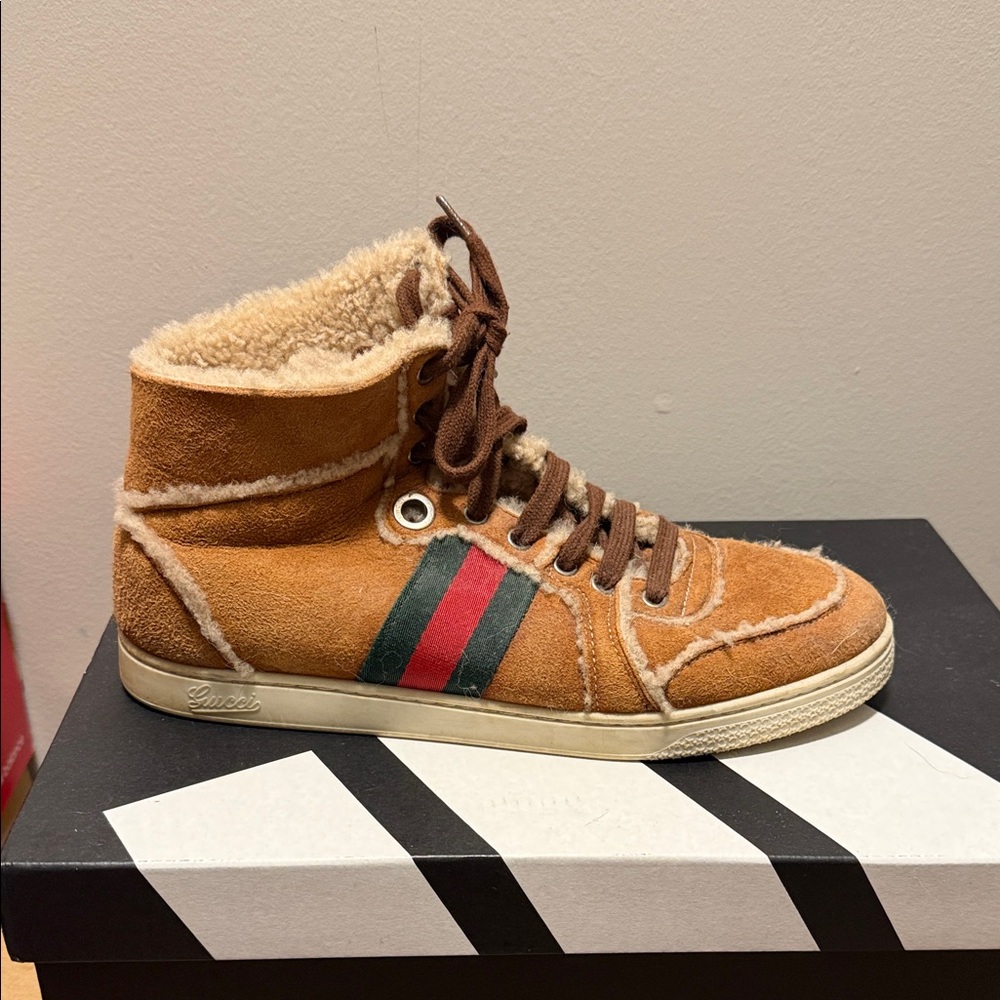Gucci Brown High-Top Sneakers with Red and Green Stripes